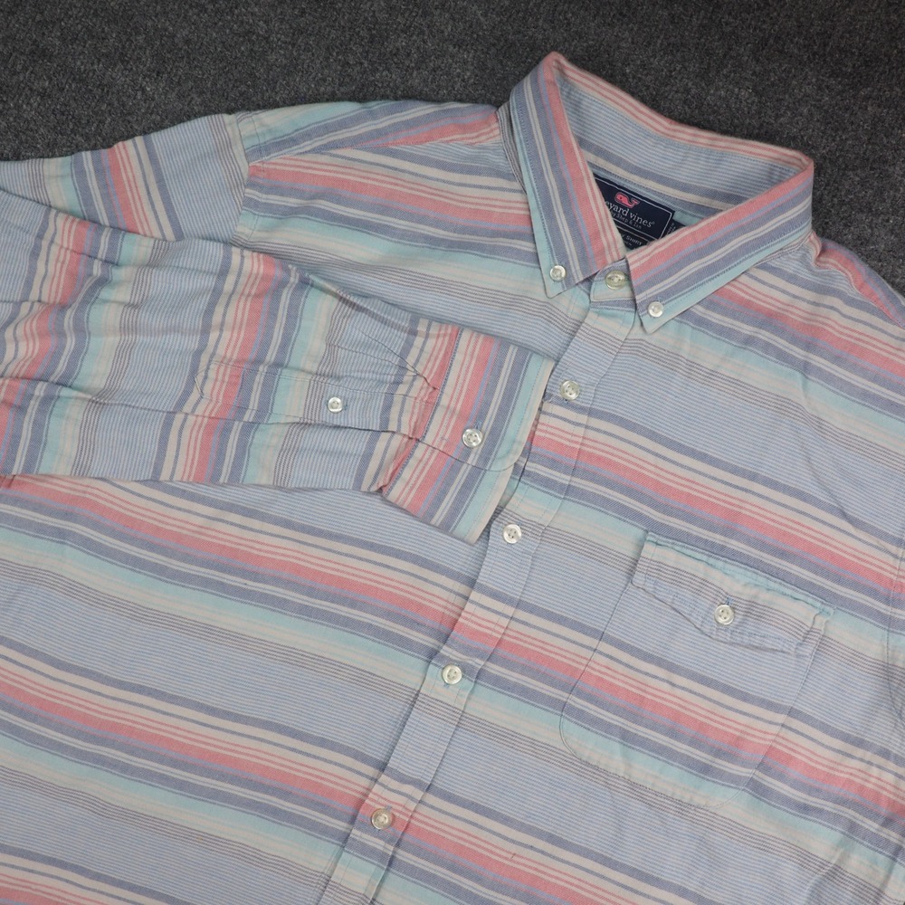 Vineyard Vines Shirt Mens XL Slim Fit Crosby Blue Pink Striped Cotton Linen Prep